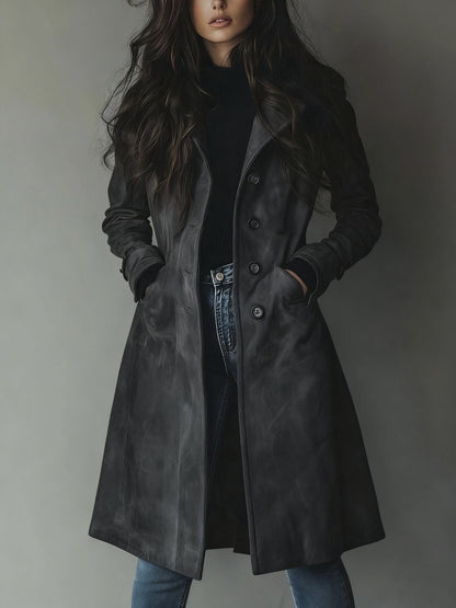 Elegant Suede Trench Coat for Women with Notched Lapel Long Sleeve Button Front Casual Style