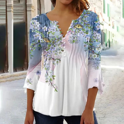 Effortless Floral Blouse for Women with Notched Neck Bell Sleeve Pintuck Button Front Casual Style