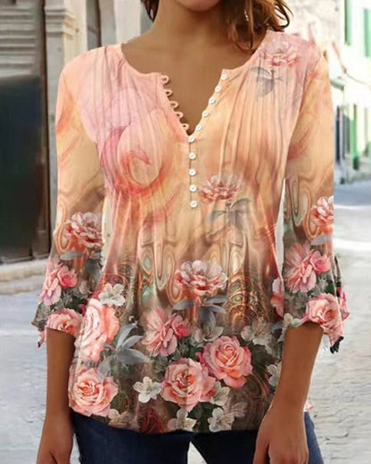 Effortless Floral Blouse for Women with Notched Neck Bell Sleeve Pintuck Button Front Casual Style