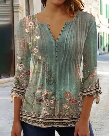 Effortless Floral Blouse for Women with Notched Neck Bell Sleeve Pintuck Button Front Casual Style