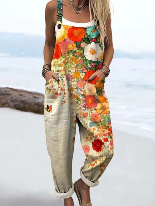 Effortless Multicolor Floral Overalls for Women with Square Neck Sleeveless Wide Leg Bohemian Style