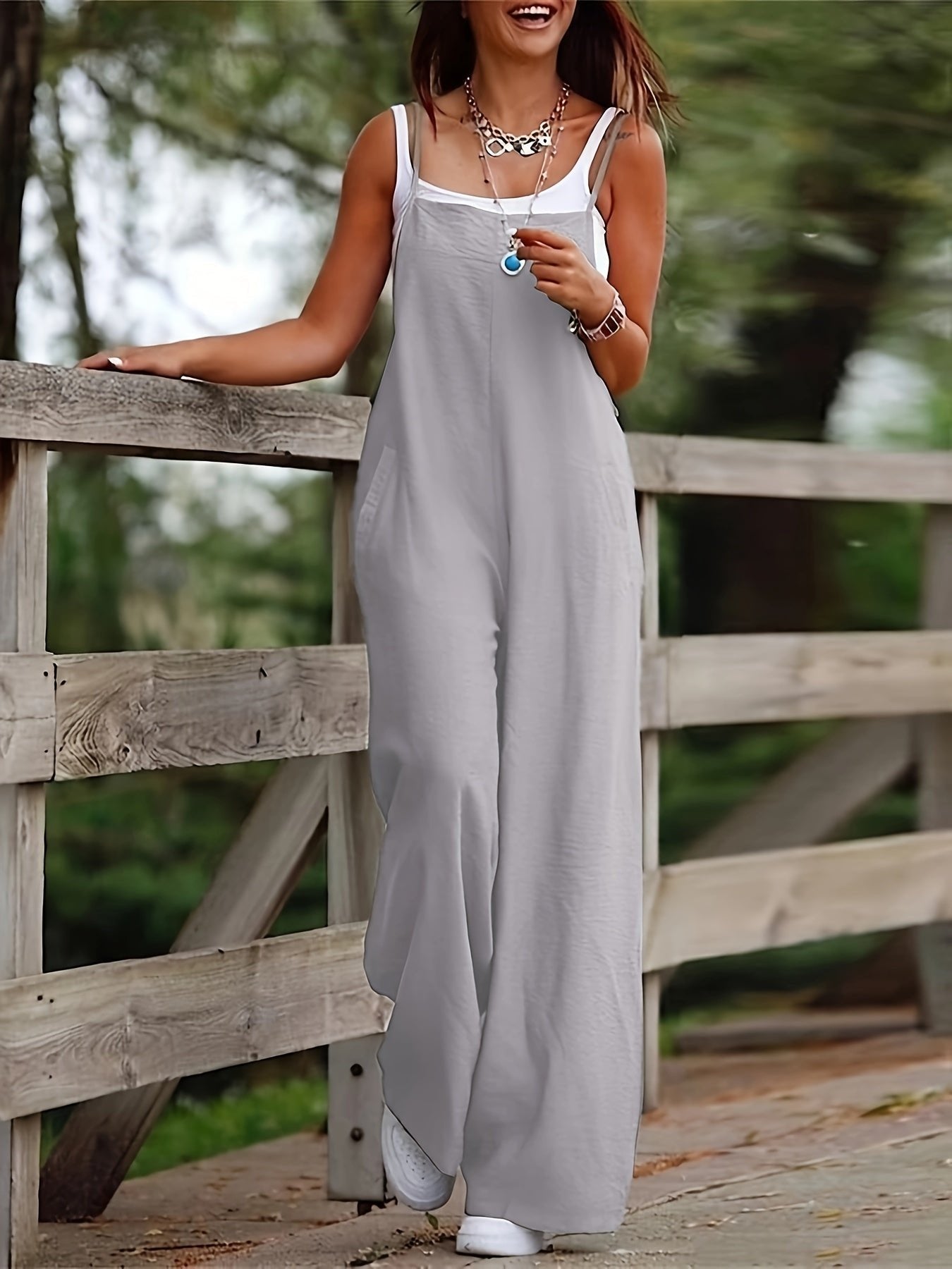 Effortless Linen Wide Leg Jumpsuit for Women with Square Neck Sleeveless Pocket Relaxed Bohemian Style