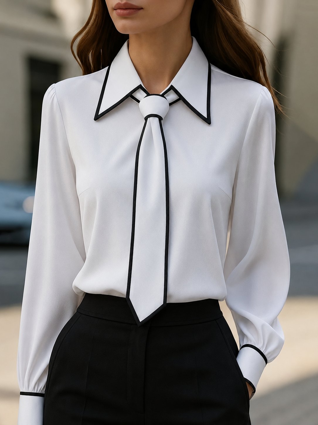 Elegant Contrast Tie Neck Blouse for Women with Point Collar Long Sleeve Silky Relaxed Style