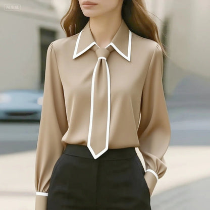 Elegant Contrast Tie Neck Blouse for Women with Point Collar Long Sleeve Silky Relaxed Style