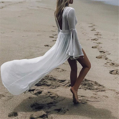 Effortless White Kimono Cover Up for Women with V Neck Bell Sleeve Crochet Trim Flowing Bohemian Style
