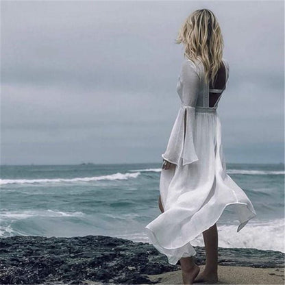 Effortless White Kimono Cover Up for Women with V Neck Bell Sleeve Crochet Trim Flowing Bohemian Style