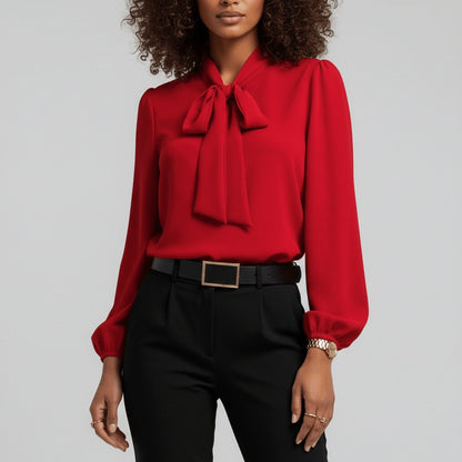 Elegant Tie Neck Blouse for Women with Long Sleeve Blouson Cuff Relaxed Silky Style