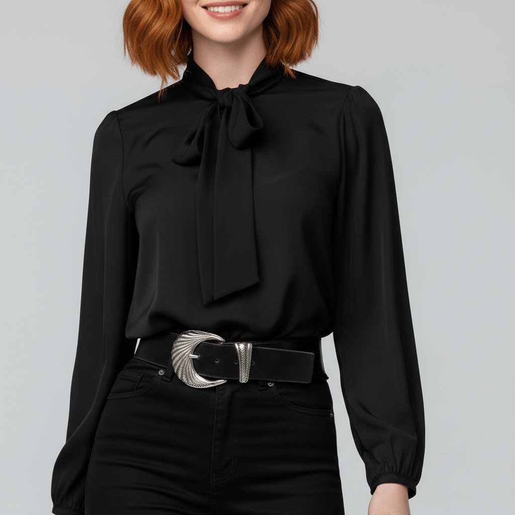 Elegant Tie Neck Blouse for Women with Long Sleeve Blouson Cuff Relaxed Silky Style