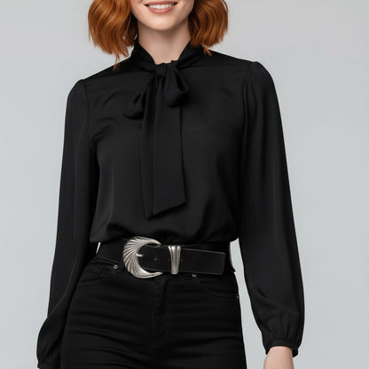 Elegant Tie Neck Blouse for Women with Long Sleeve Blouson Cuff Relaxed Silky Style