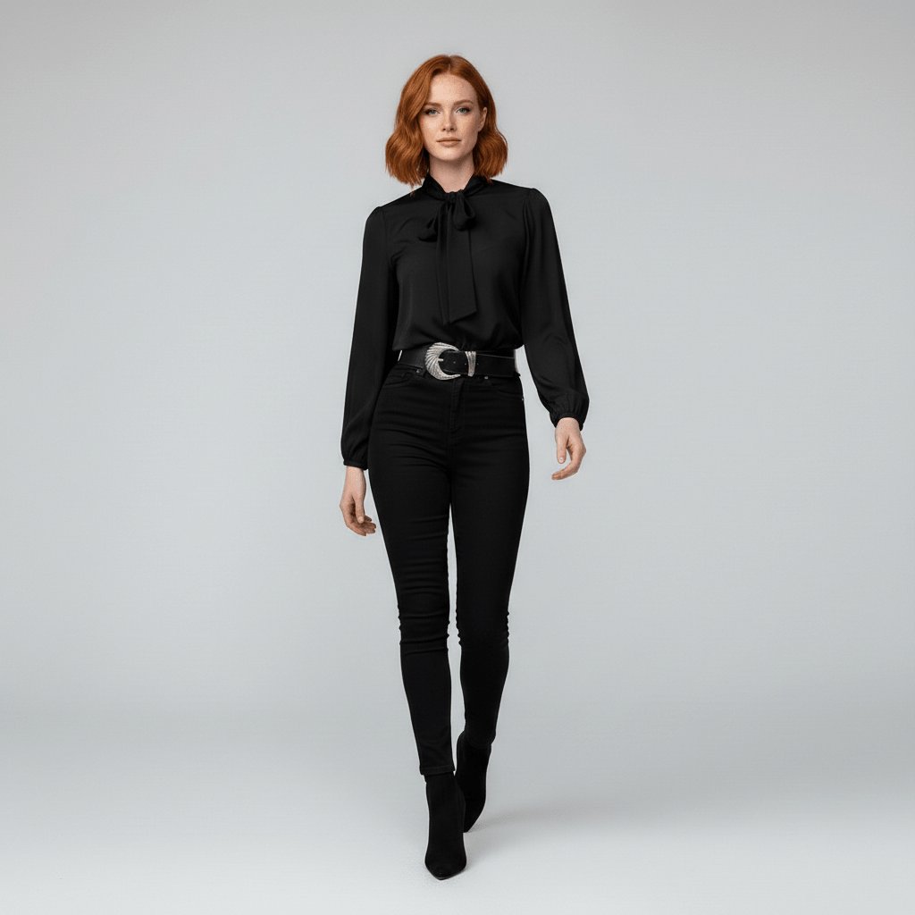 Elegant Tie Neck Blouse for Women with Long Sleeve Blouson Cuff Relaxed Silky Style