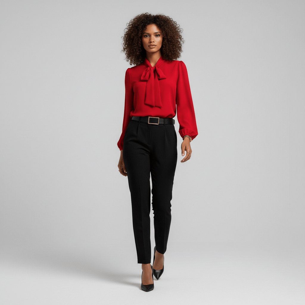 Elegant Tie Neck Blouse for Women with Long Sleeve Blouson Cuff Relaxed Silky Style