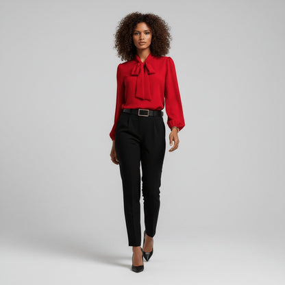 Elegant Tie Neck Blouse for Women with Long Sleeve Blouson Cuff Relaxed Silky Style
