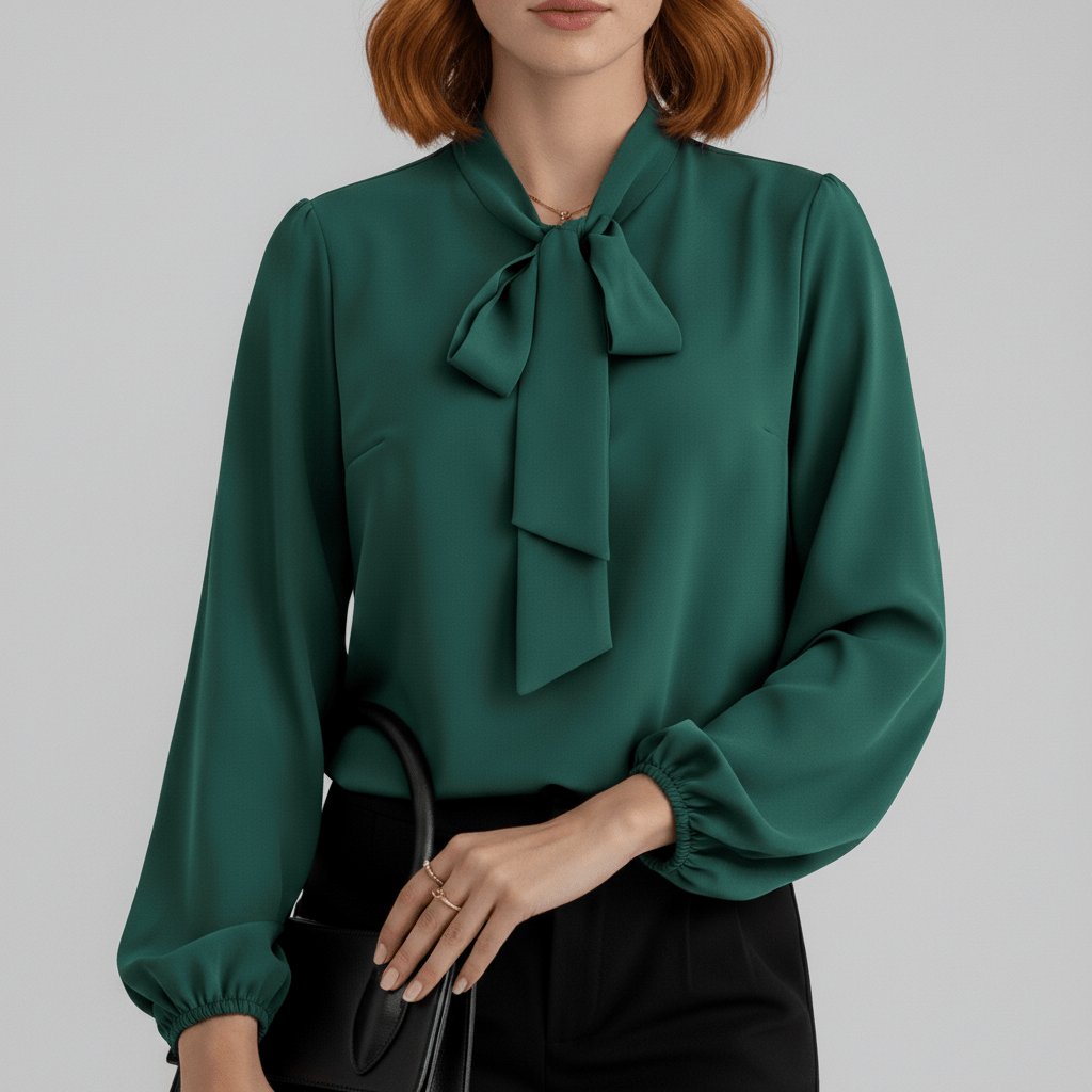 Elegant Tie Neck Blouse for Women with Long Sleeve Blouson Cuff Relaxed Silky Style
