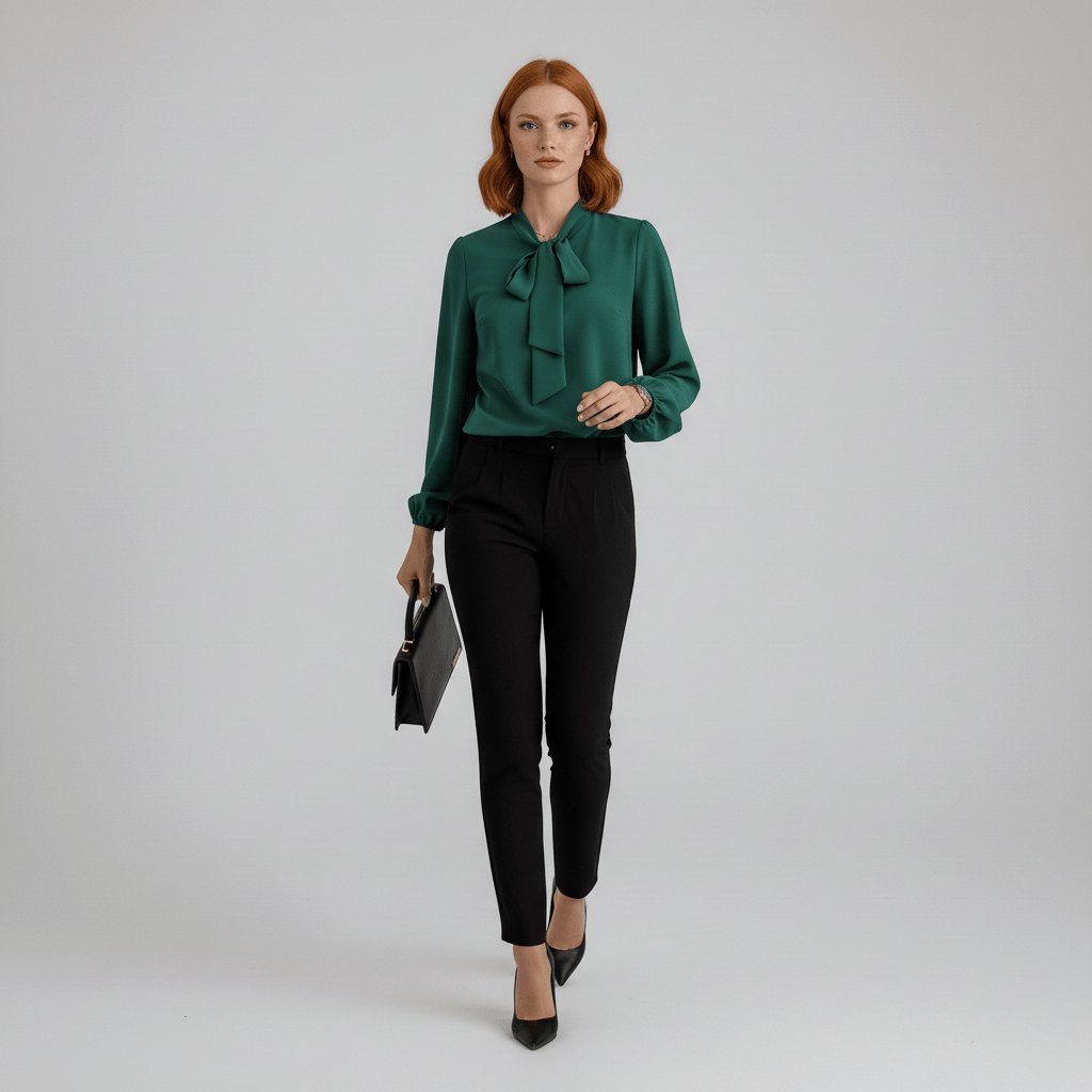 Elegant Tie Neck Blouse for Women with Long Sleeve Blouson Cuff Relaxed Silky Style