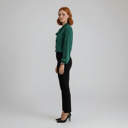 Elegant Tie Neck Blouse for Women with Long Sleeve Blouson Cuff Relaxed Silky Style