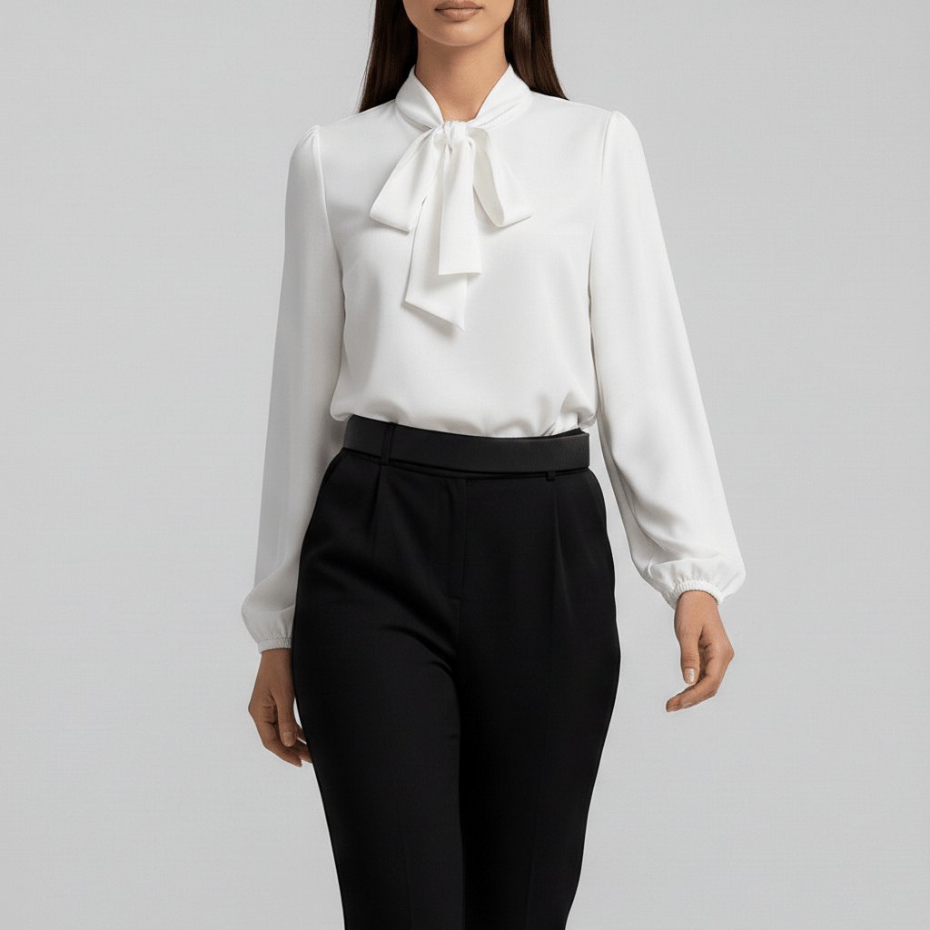 Elegant Tie Neck Blouse for Women with Long Sleeve Blouson Cuff Relaxed Silky Style