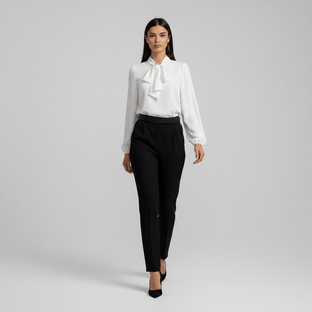 Elegant Tie Neck Blouse for Women with Long Sleeve Blouson Cuff Relaxed Silky Style