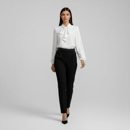 Elegant Tie Neck Blouse for Women with Long Sleeve Blouson Cuff Relaxed Silky Style