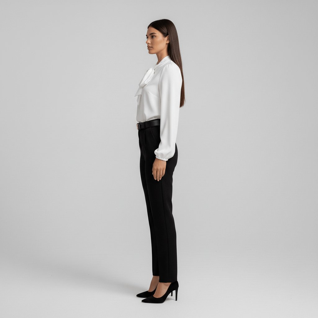 Elegant Tie Neck Blouse for Women with Long Sleeve Blouson Cuff Relaxed Silky Style