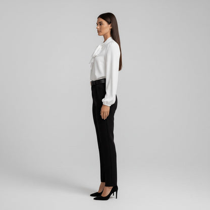 Elegant Tie Neck Blouse for Women with Long Sleeve Blouson Cuff Relaxed Silky Style