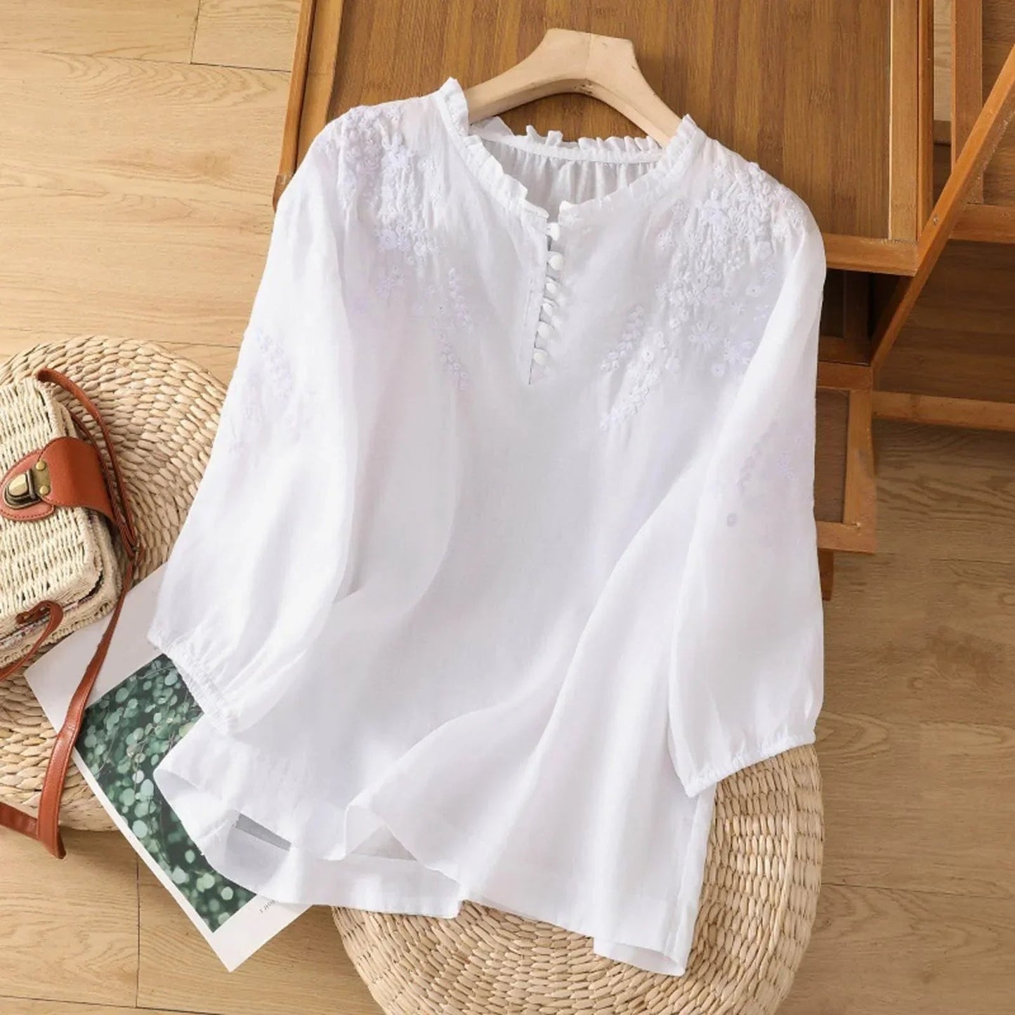 Effortless Embroidered Linen Blouse for Women with Ruffle V Neck Elbow Sleeve Relaxed Boho Style