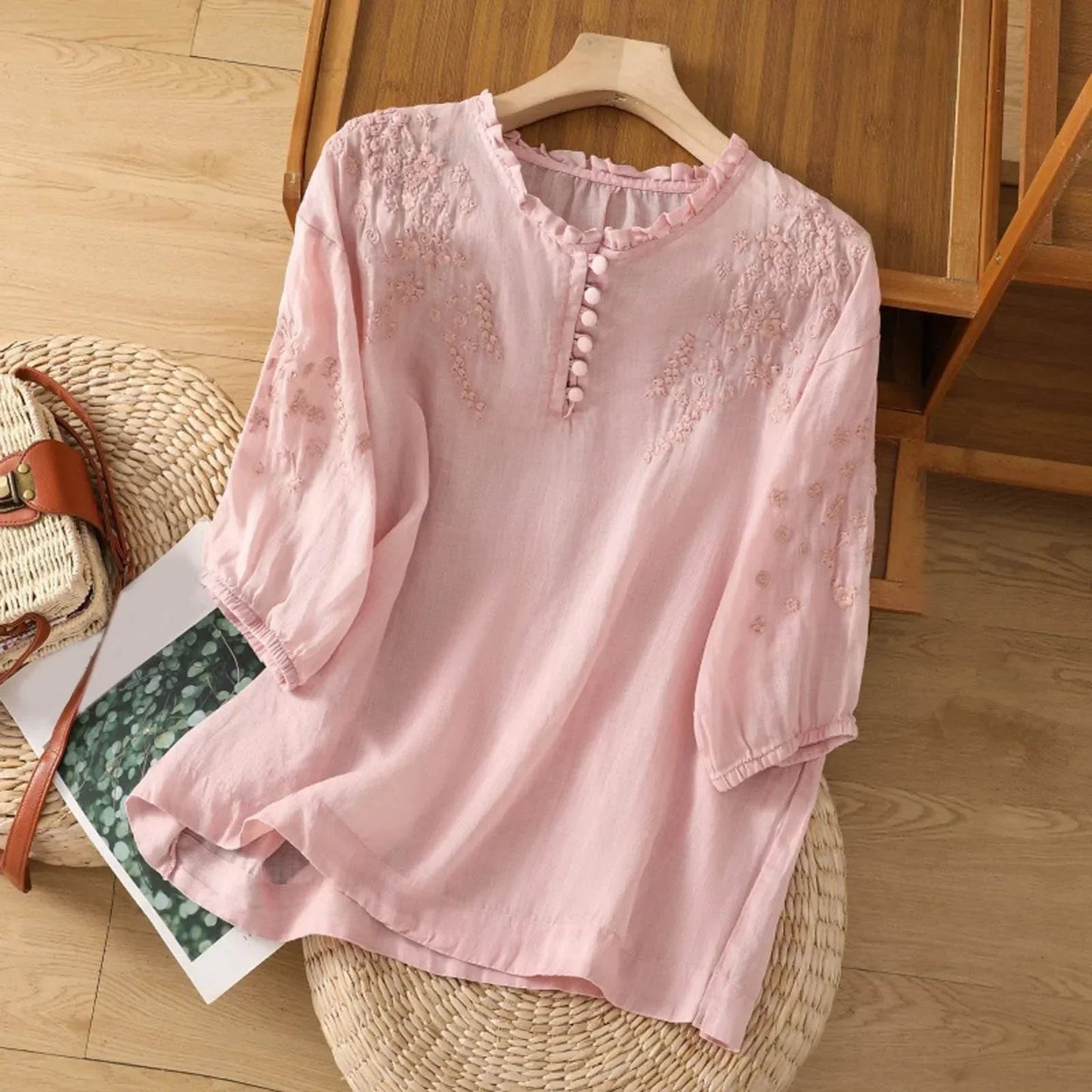 Effortless Embroidered Linen Blouse for Women with Ruffle V Neck Elbow Sleeve Relaxed Boho Style