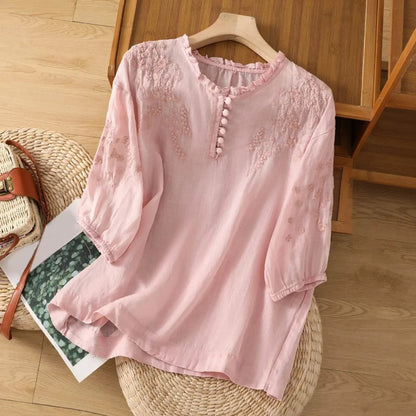 Effortless Embroidered Linen Blouse for Women with Ruffle V Neck Elbow Sleeve Relaxed Boho Style