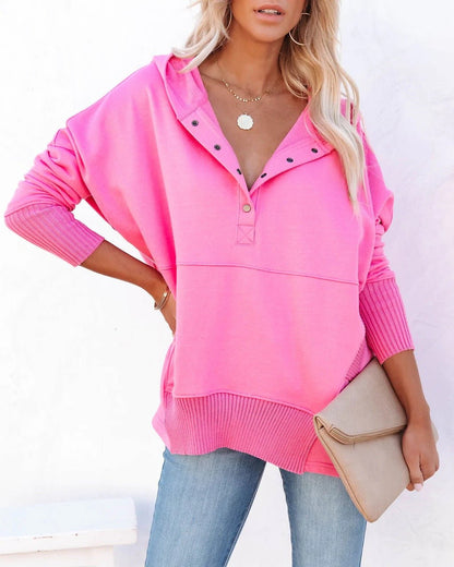 Effortless Oversized Hoodie for Women with Snap Button Placket Long Sleeve Ribbed Cuff Relaxed Knit Style