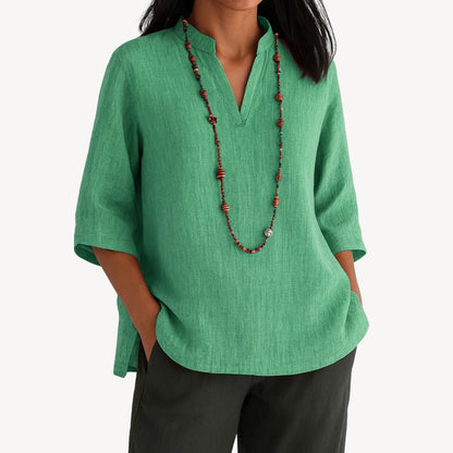Effortless Linen Tunic Blouse for Women with Split Neck Elbow Sleeve Relaxed Flowing Style