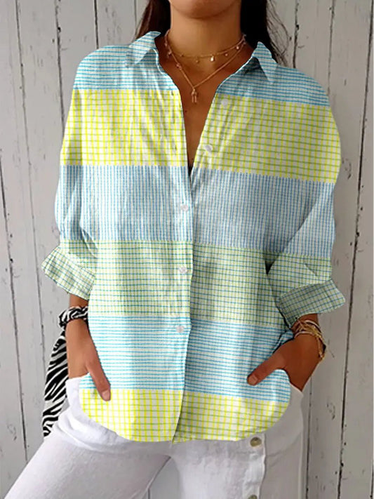 Effortless Multicolor Plaid Blouse for Women with Collar Long Sleeve Button Front Relaxed Oversized Style