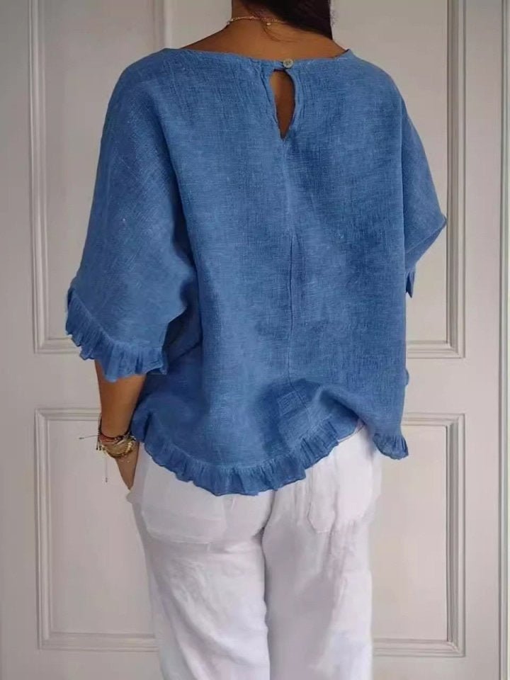 Effortless Linen Blouse for Women with Scoop Neck Half Sleeve Ruffle Trim Relaxed Casual Style