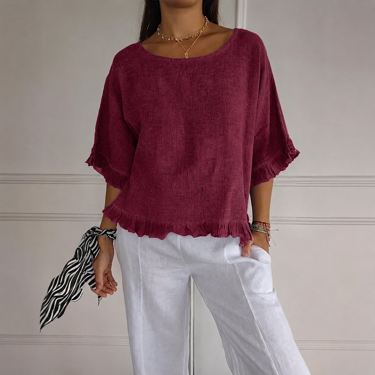 Effortless Linen Blouse for Women with Scoop Neck Half Sleeve Ruffle Trim Relaxed Casual Style