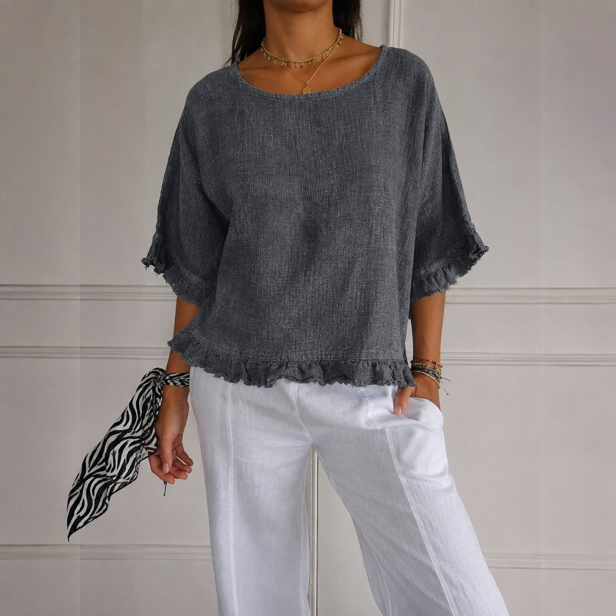 Effortless Linen Blouse for Women with Scoop Neck Half Sleeve Ruffle Trim Relaxed Casual Style