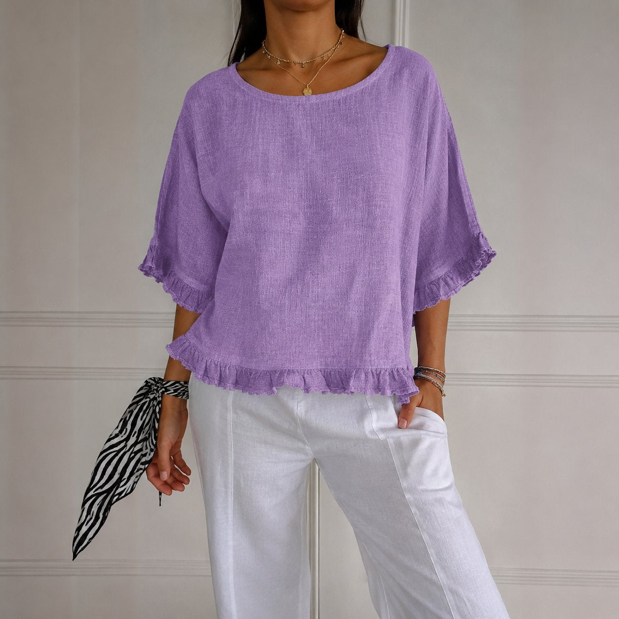 Effortless Linen Blouse for Women with Scoop Neck Half Sleeve Ruffle Trim Relaxed Casual Style