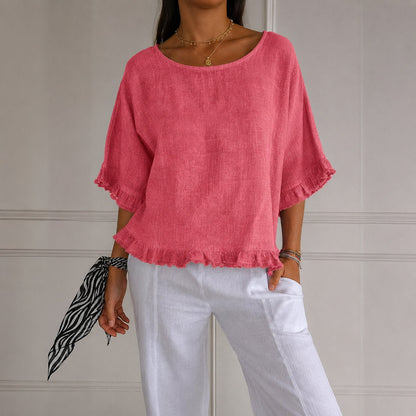 Effortless Linen Blouse for Women with Scoop Neck Half Sleeve Ruffle Trim Relaxed Casual Style