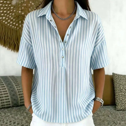 Effortless Striped Blouse for Women with Collar Short Sleeve Button Front Relaxed Style
