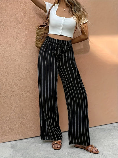 Effortless Striped Linen Pants for Women with High Waist Drawstring Wide Leg Flowing Casual Style