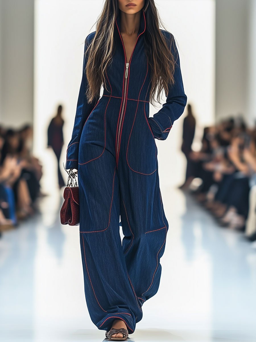 Elegant Dark Blue Denim Jumpsuit for Women with Mock Neck Zip Front Wide Leg Long Sleeve Style