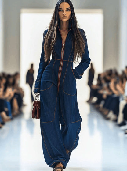 Elegant Dark Blue Denim Jumpsuit for Women with Mock Neck Zip Front Wide Leg Long Sleeve Style
