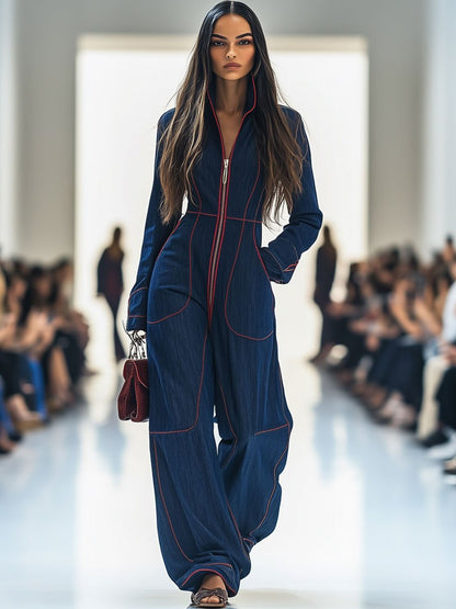 Elegant Dark Blue Denim Jumpsuit for Women with Mock Neck Zip Front Wide Leg Long Sleeve Style