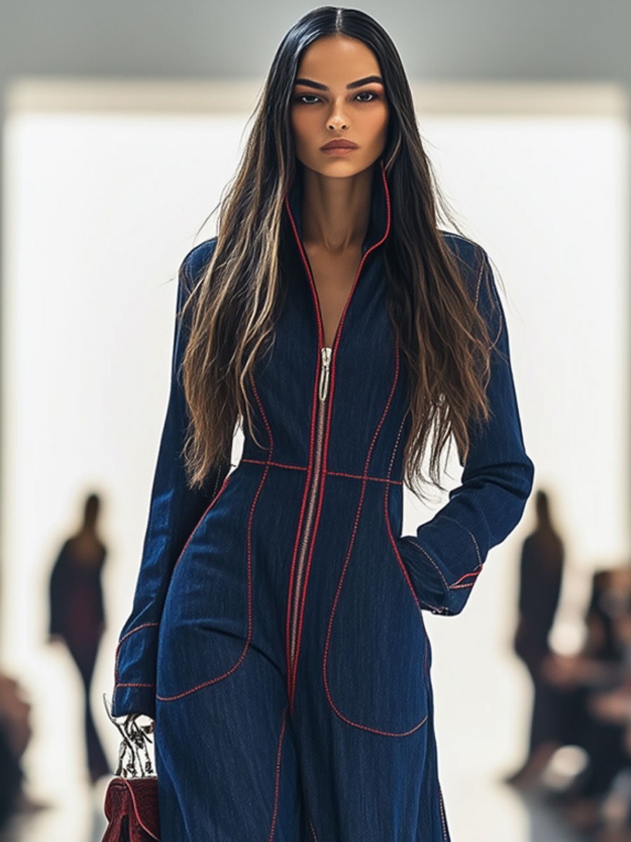 Elegant Dark Blue Denim Jumpsuit for Women with Mock Neck Zip Front Wide Leg Long Sleeve Style