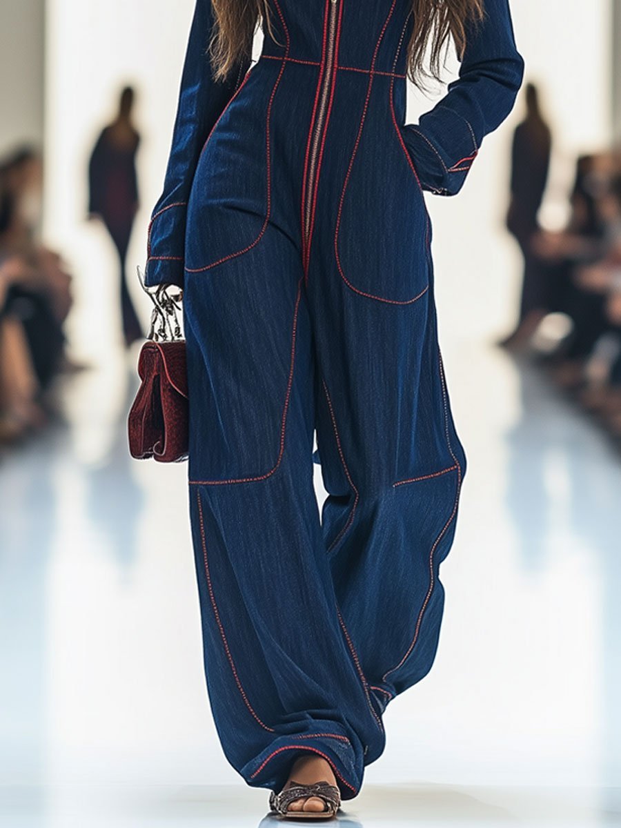 Elegant Dark Blue Denim Jumpsuit for Women with Mock Neck Zip Front Wide Leg Long Sleeve Style