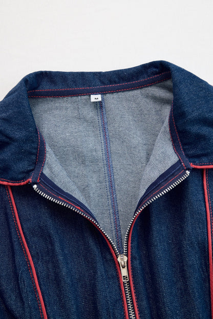 Elegant Dark Blue Denim Jumpsuit for Women with Mock Neck Zip Front Wide Leg Long Sleeve Style