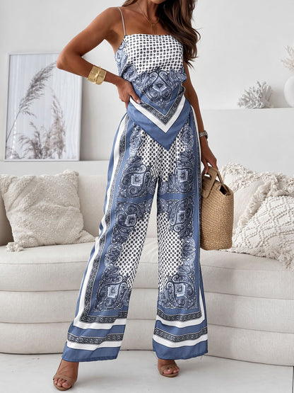 Effortless Paisley Print Jumpsuit for Women with Square Neck Spaghetti Strap Tie Back Wide Leg Style