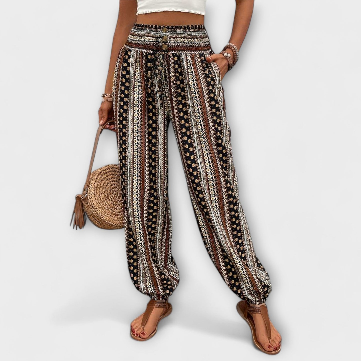 Effortless Boho Print Wide Leg Pants for Women with High Waist Button Front Tapered Ankle Relaxed Style