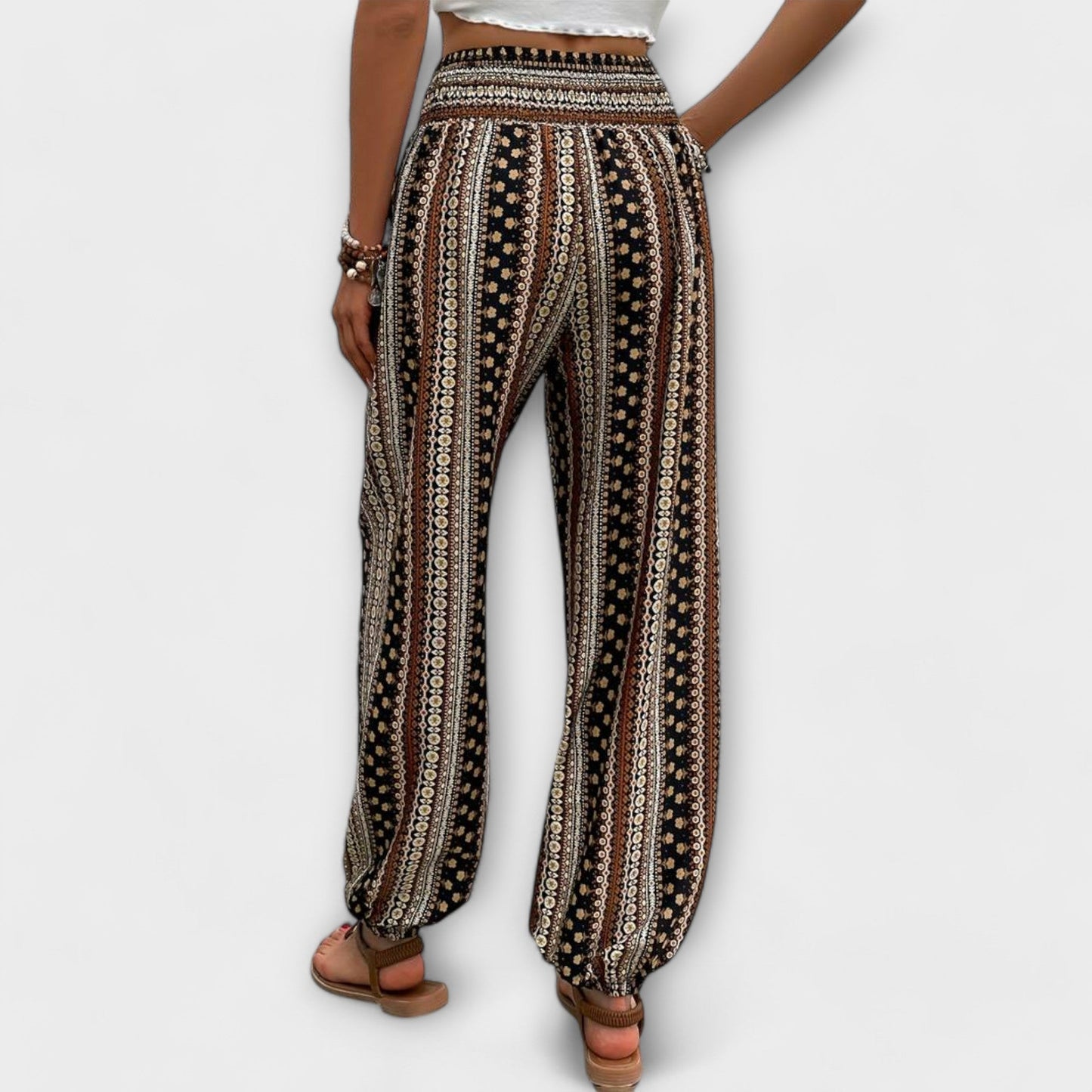 Effortless Boho Print Wide Leg Pants for Women with High Waist Button Front Tapered Ankle Relaxed Style