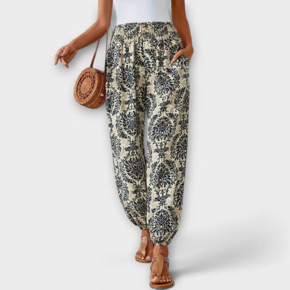 Effortless Boho Print Wide Leg Pants for Women with High Waist Button Front Tapered Ankle Relaxed Style